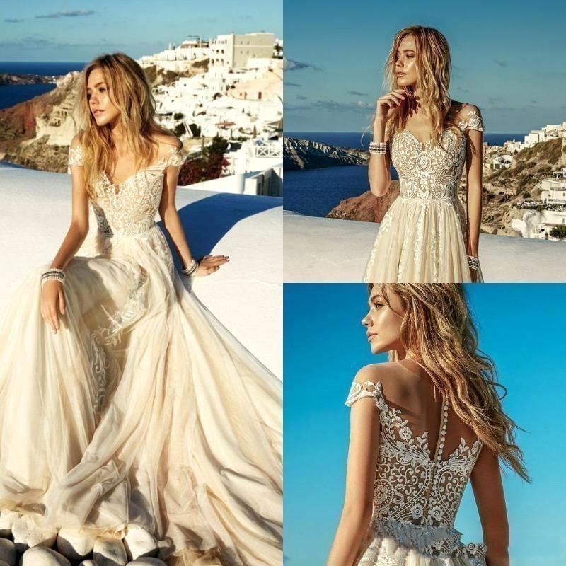 Champagne Boho Wedding Tull Lace A Line Appliques Long Beach Bridal Dress Wedding Gown The Clothing Company Sydney