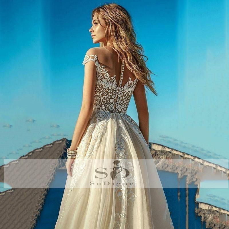 Champagne Boho Wedding Tull Lace A Line Appliques Long Beach Bridal Dress Wedding Gown The Clothing Company Sydney