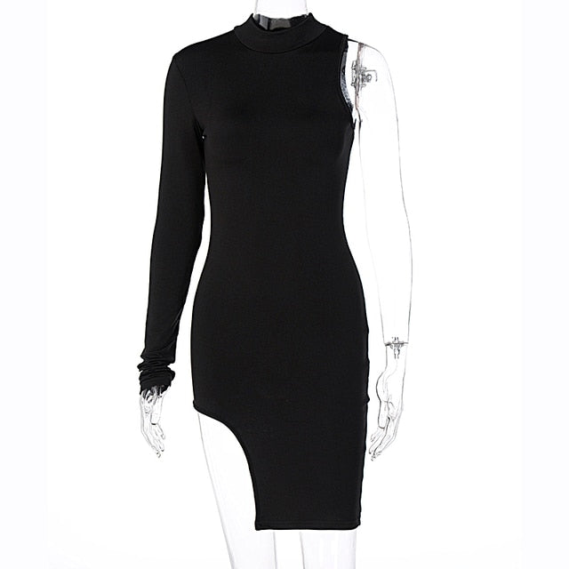 Solid mini one shoulder long sleeve turtleneck bodycon slit streetwear party elegant Dress The Clothing Company Sydney