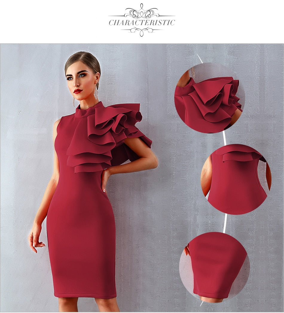 Wine Red Celebrity Evening Runway Party Sleeveless Ruffles Bodycon Midi Night Club Dress The Clothing Company Sydney