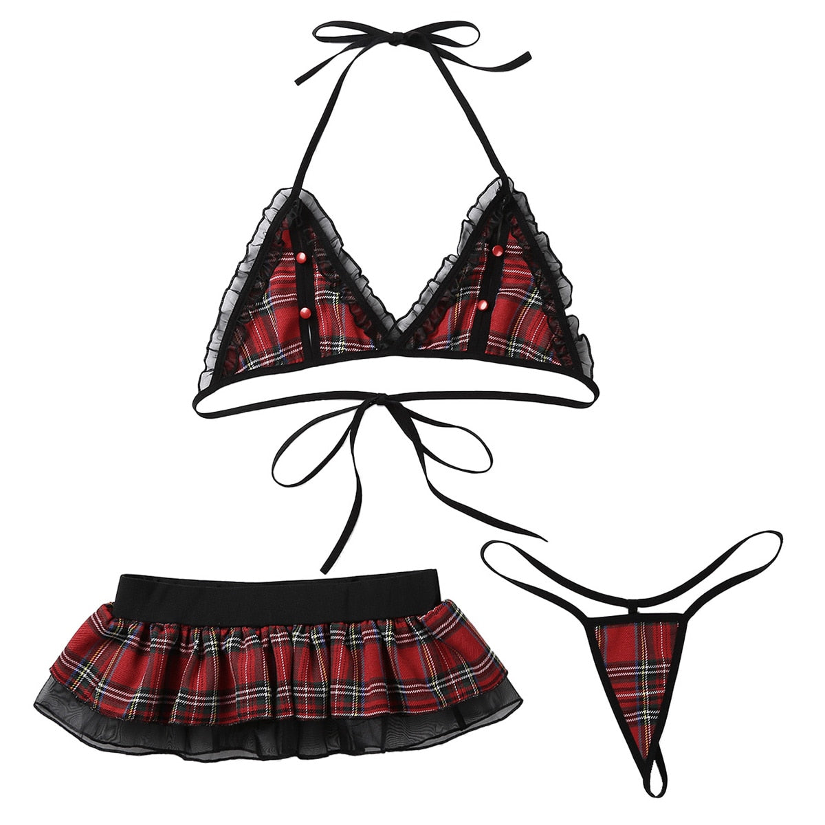 2 Piece Schoolgirl Cosplay Costume Plaid Tie-on Bra Top with Mini Ruffled Skirt and G-string Briefs Clubwear The Clothing Company Sydney