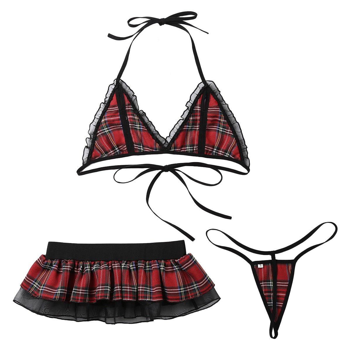 2 Piece Schoolgirl Cosplay Costume Plaid Tie-on Bra Top with Mini Ruffled Skirt and G-string Briefs Clubwear The Clothing Company Sydney