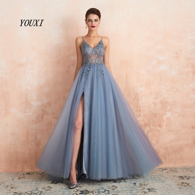 Spaghetti Straps Evening New Arrival V-Neck Rhinestones Beading Formal Prom Gowns with Slit Dresses The Clothing Company Sydney