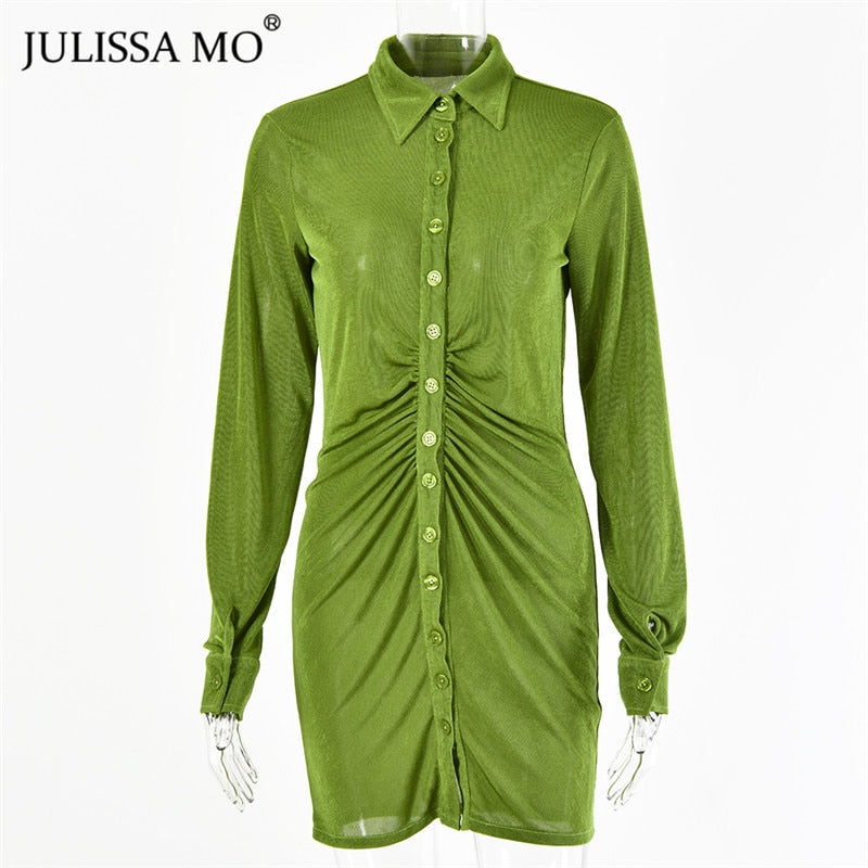 Autumn Ruched Long Sleeve Bodycon Turn-Down Collar Mini Dress Button Slim Party Dress The Clothing Company Sydney