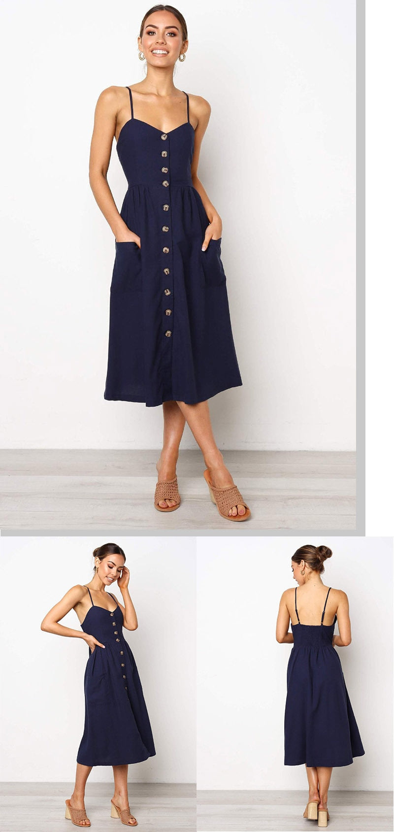 Summer Midi Women's Sling Backless Sleeveless Button Striped Dot Print Solid Beach Dress With Pockets The Clothing Company Sydney
