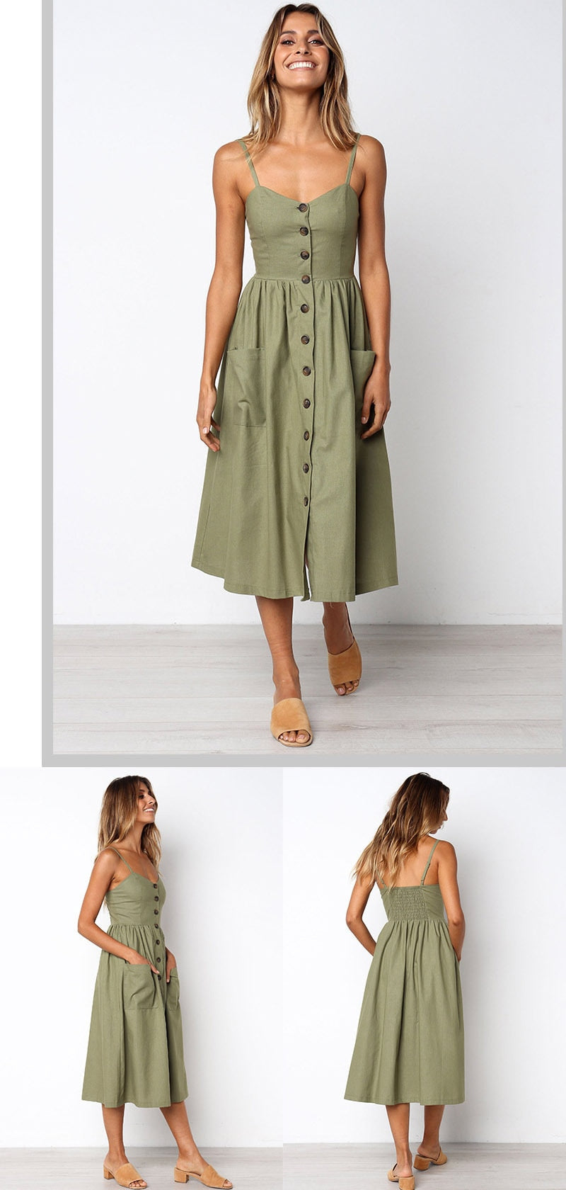 Summer Midi Women's Sling Backless Sleeveless Button Striped Dot Print Solid Beach Dress With Pockets The Clothing Company Sydney