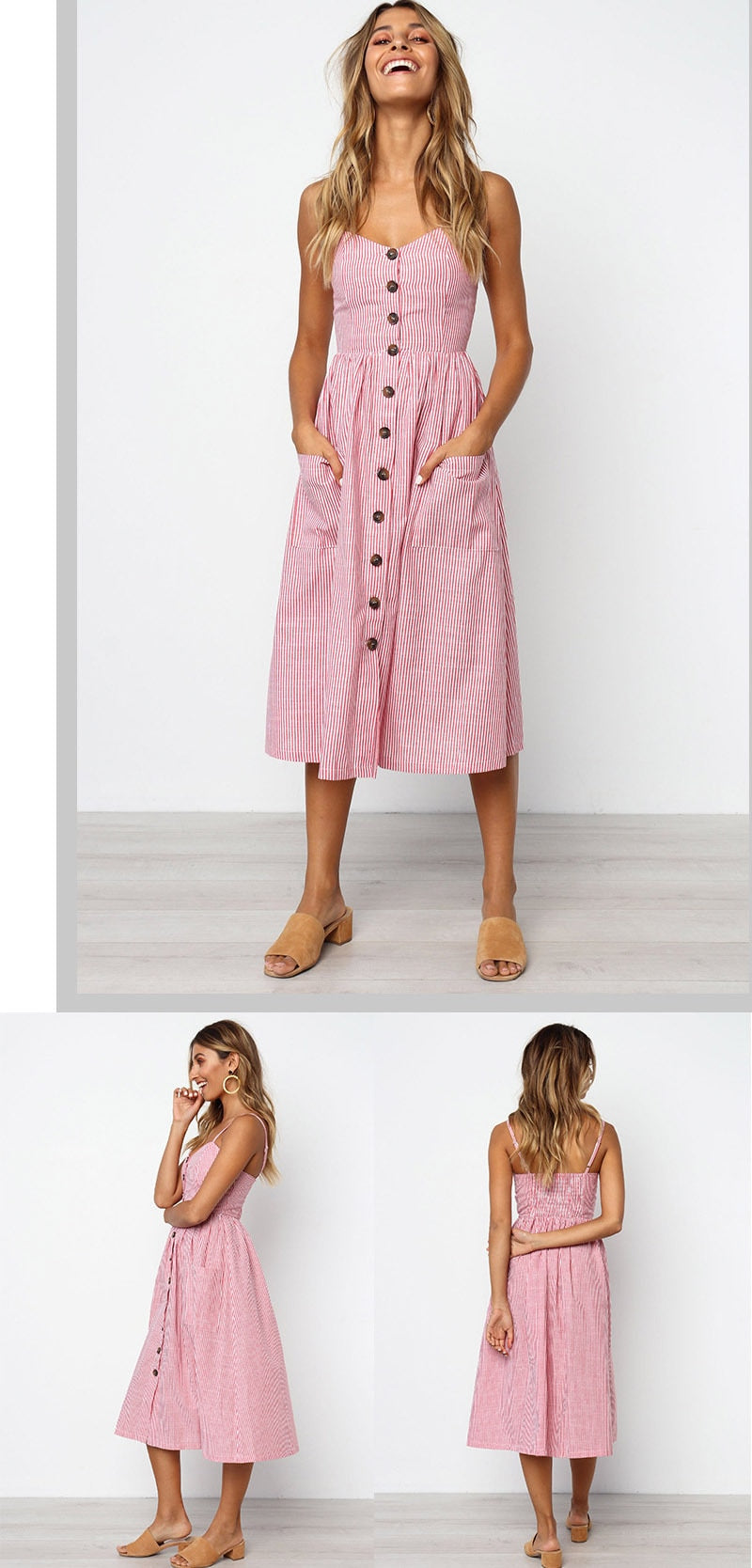 Summer Midi Women's Sling Backless Sleeveless Button Striped Dot Print Solid Beach Dress With Pockets The Clothing Company Sydney