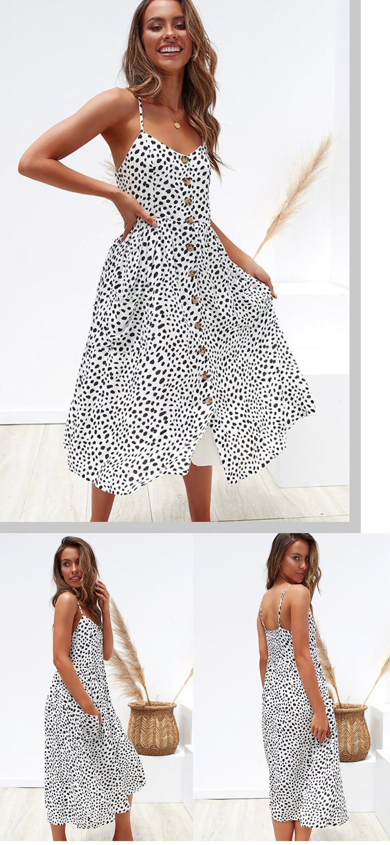 Summer Midi Women's Sling Backless Sleeveless Button Striped Dot Print Solid Beach Dress With Pockets The Clothing Company Sydney