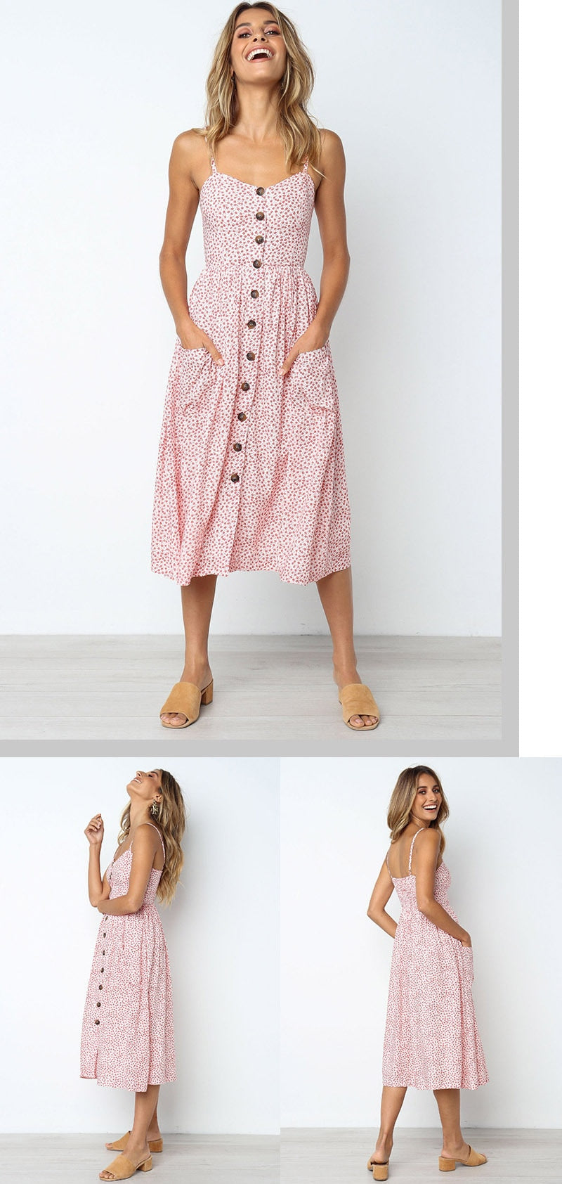 Summer Midi Women's Sling Backless Sleeveless Button Striped Dot Print Solid Beach Dress With Pockets The Clothing Company Sydney