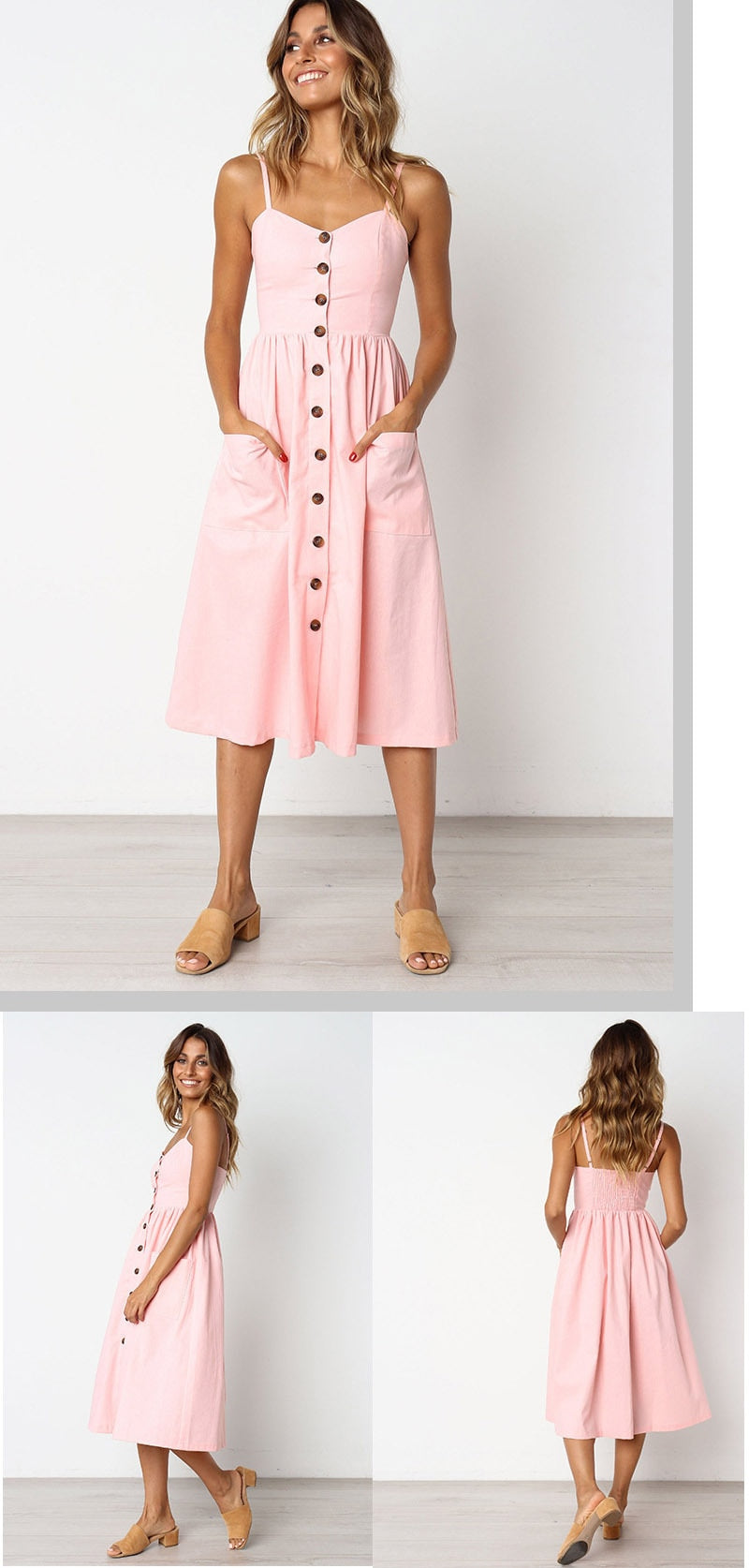 Summer Midi Women's Sling Backless Sleeveless Button Striped Dot Print Solid Beach Dress With Pockets The Clothing Company Sydney