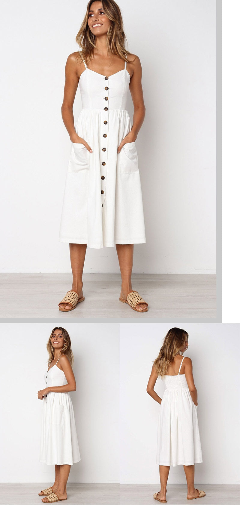 Summer Midi Women's Sling Backless Sleeveless Button Striped Dot Print Solid Beach Dress With Pockets The Clothing Company Sydney