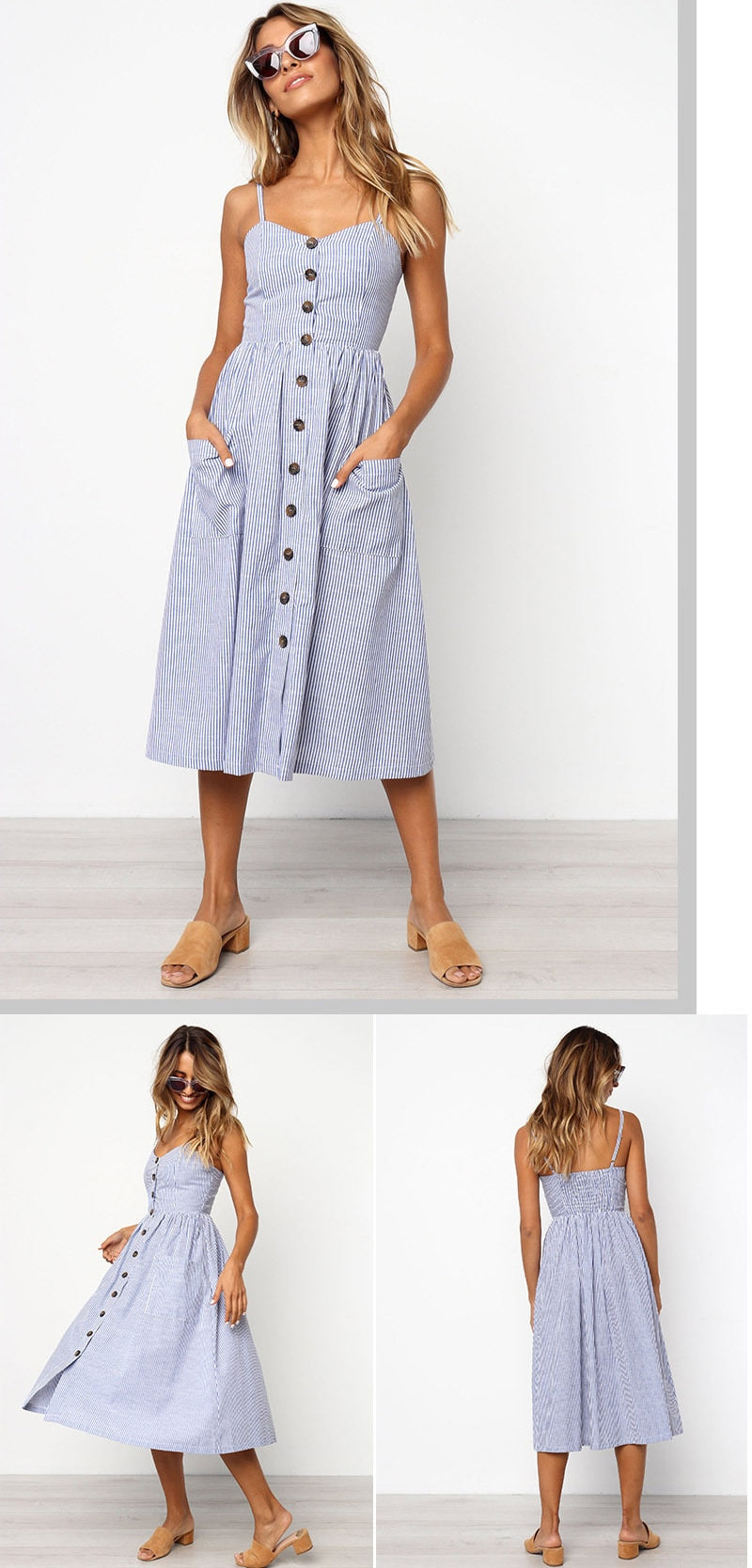 Summer Midi Women's Sling Backless Sleeveless Button Striped Dot Print Solid Beach Dress With Pockets The Clothing Company Sydney