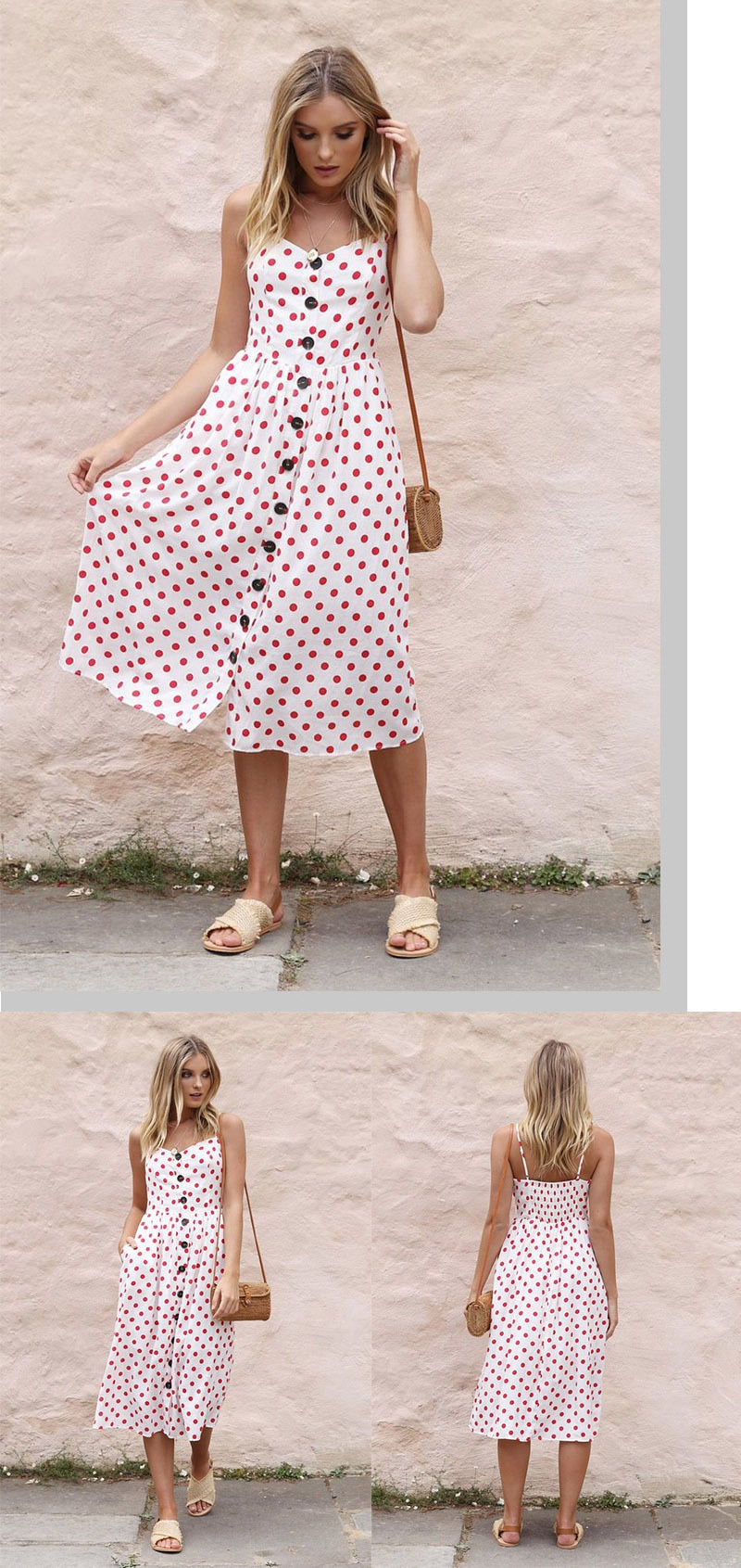 Summer Midi Women's Sling Backless Sleeveless Button Striped Dot Print Solid Beach Dress With Pockets The Clothing Company Sydney