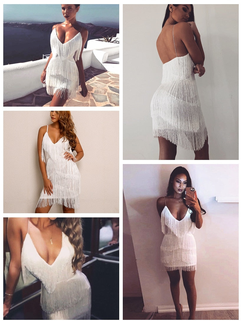 Deep V Neck Tassel Mini Slim Spaghetti Strap Low Cut Backless Bodycon Night Club Party Vestido Dress The Clothing Company Sydney