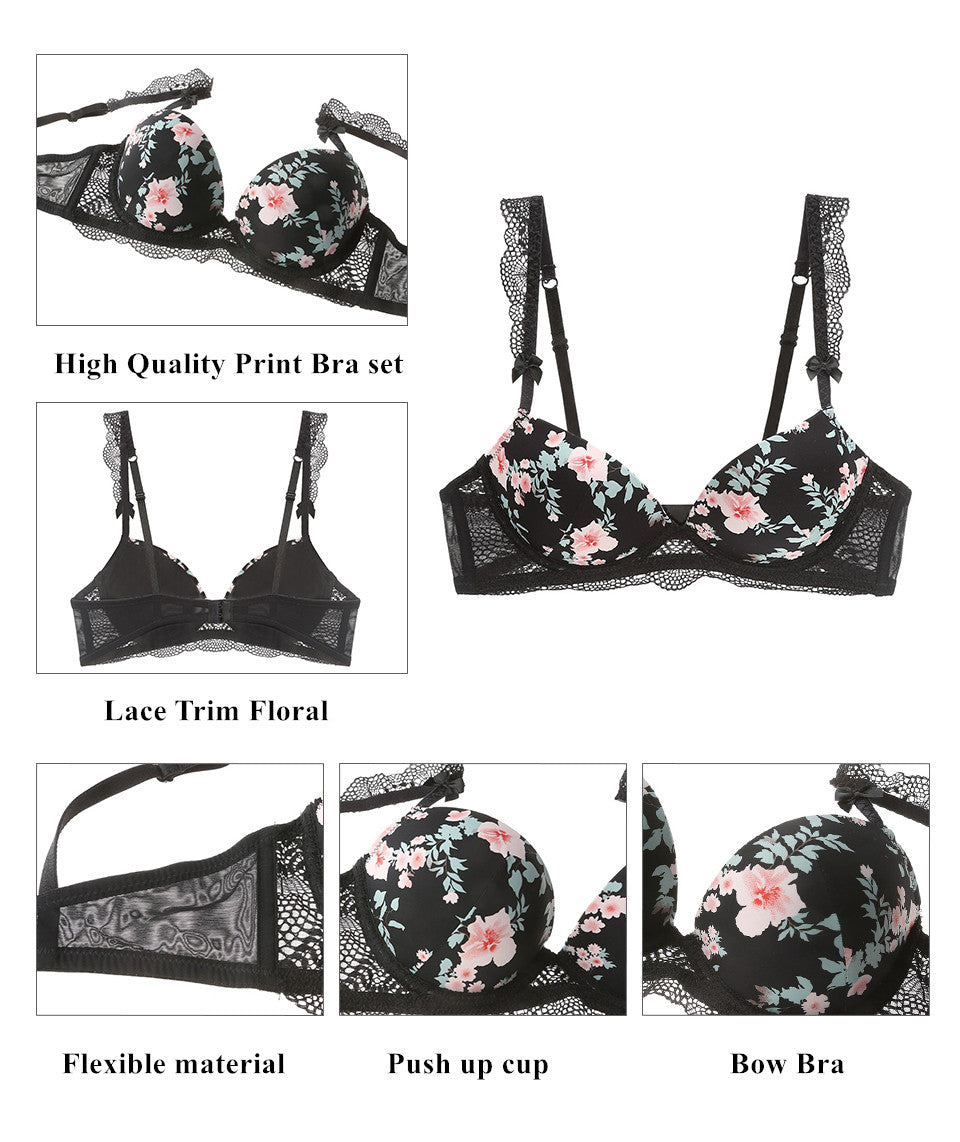 2 Piece Sexy Print Bra Lace Trim Floral Lingerie Push up Underwear Bow Bra and Hollow out Panties Set The Clothing Company Sydney