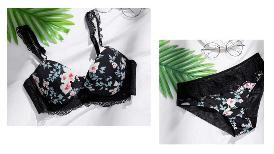 2 Piece Sexy Print Bra Lace Trim Floral Lingerie Push up Underwear Bow Bra and Hollow out Panties Set The Clothing Company Sydney