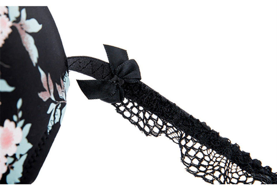 2 Piece Sexy Print Bra Lace Trim Floral Lingerie Push up Underwear Bow Bra and Hollow out Panties Set The Clothing Company Sydney