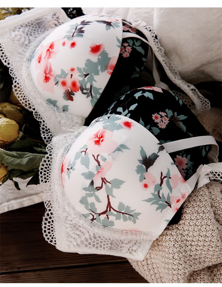 2 Piece Sexy Print Bra Lace Trim Floral Lingerie Push up Underwear Bow Bra and Hollow out Panties Set The Clothing Company Sydney