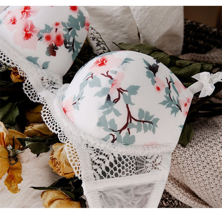 2 Piece Sexy Print Bra Lace Trim Floral Lingerie Push up Underwear Bow Bra and Hollow out Panties Set The Clothing Company Sydney