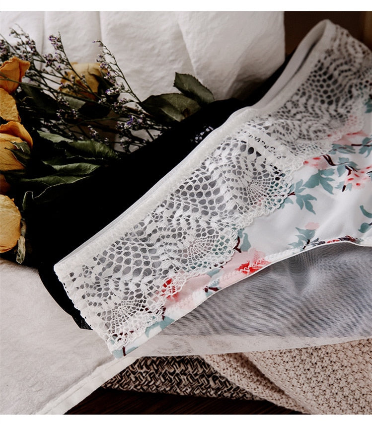 2 Piece Sexy Print Bra Lace Trim Floral Lingerie Push up Underwear Bow Bra and Hollow out Panties Set The Clothing Company Sydney