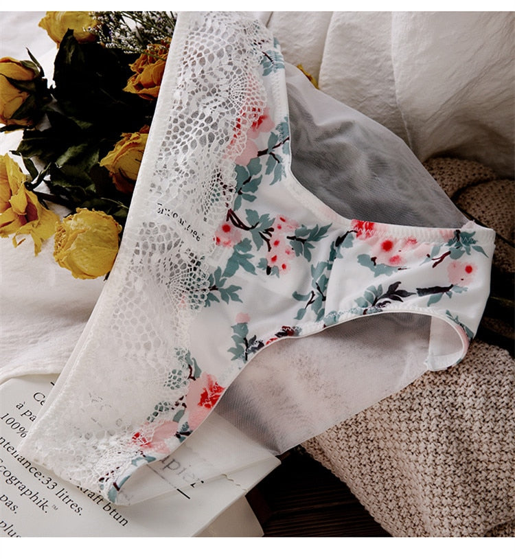 2 Piece Sexy Print Bra Lace Trim Floral Lingerie Push up Underwear Bow Bra and Hollow out Panties Set The Clothing Company Sydney