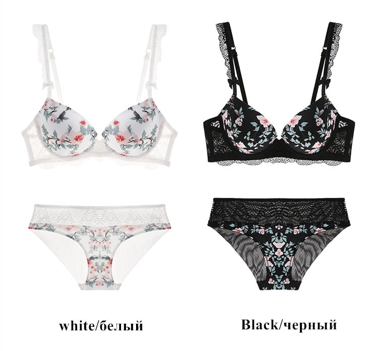 2 Piece Sexy Print Bra Lace Trim Floral Lingerie Push up Underwear Bow Bra and Hollow out Panties Set The Clothing Company Sydney