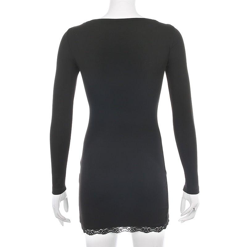 Square Neck Lace Patchwork Bodycon Black Elegant Cotton Fashion Side Split Mini Dress The Clothing Company Sydney