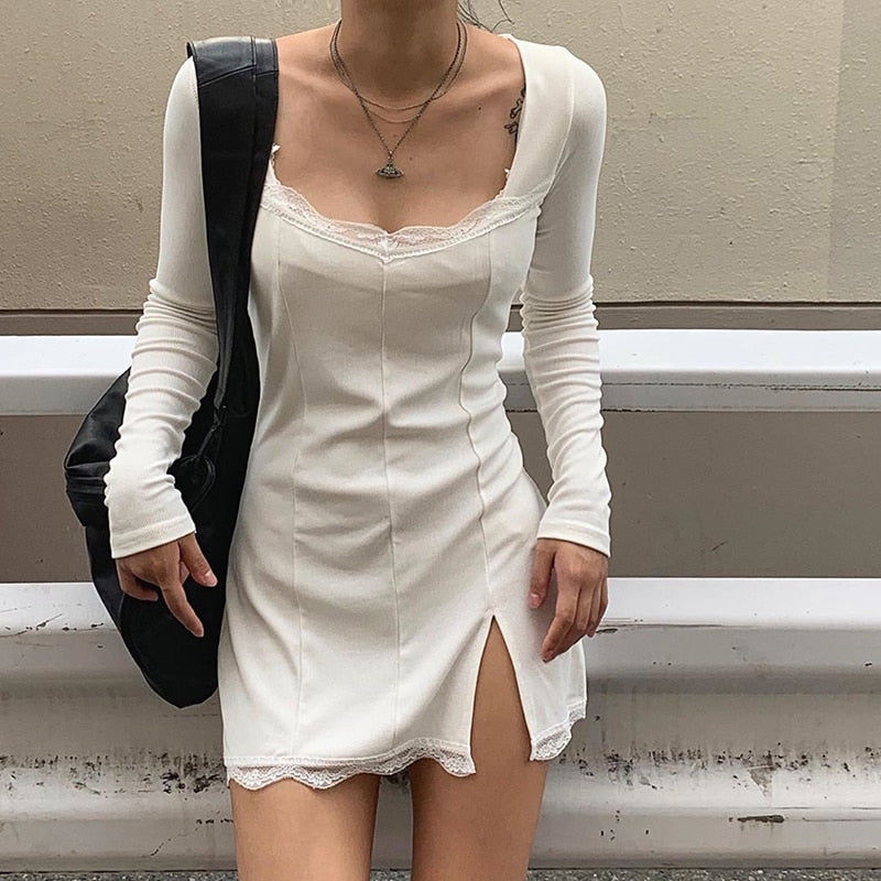 Square Neck Lace Patchwork Bodycon Black Elegant Cotton Fashion Side Split Mini Dress The Clothing Company Sydney