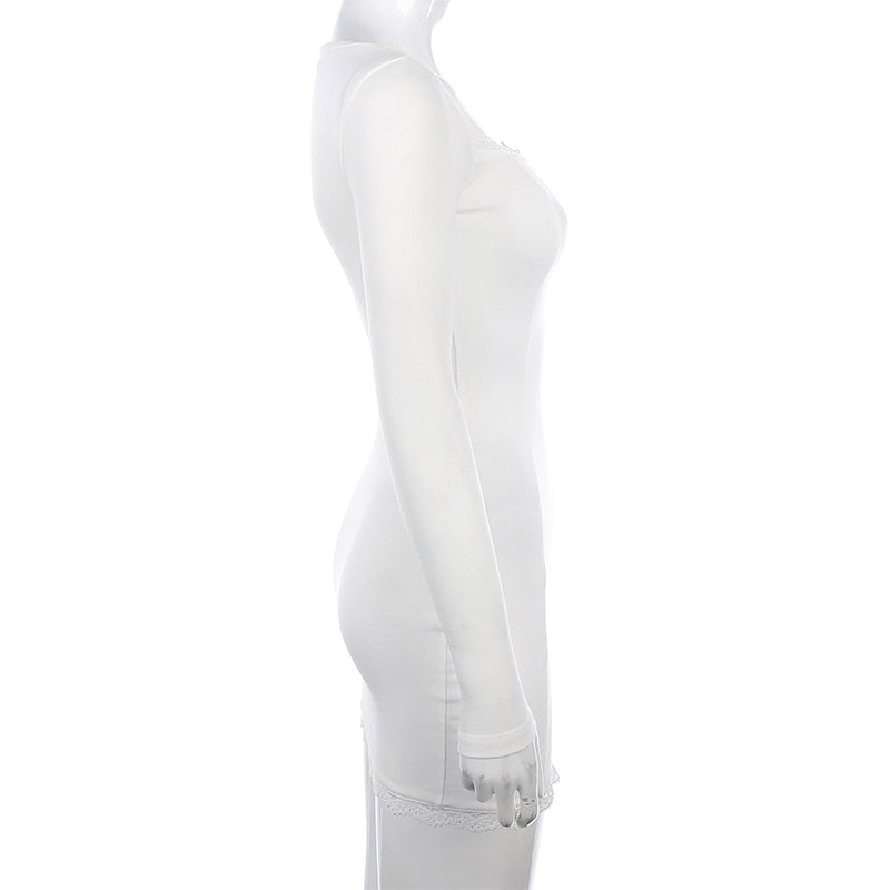 Square Neck Lace Patchwork Bodycon Black Elegant Cotton Fashion Side Split Mini Dress The Clothing Company Sydney