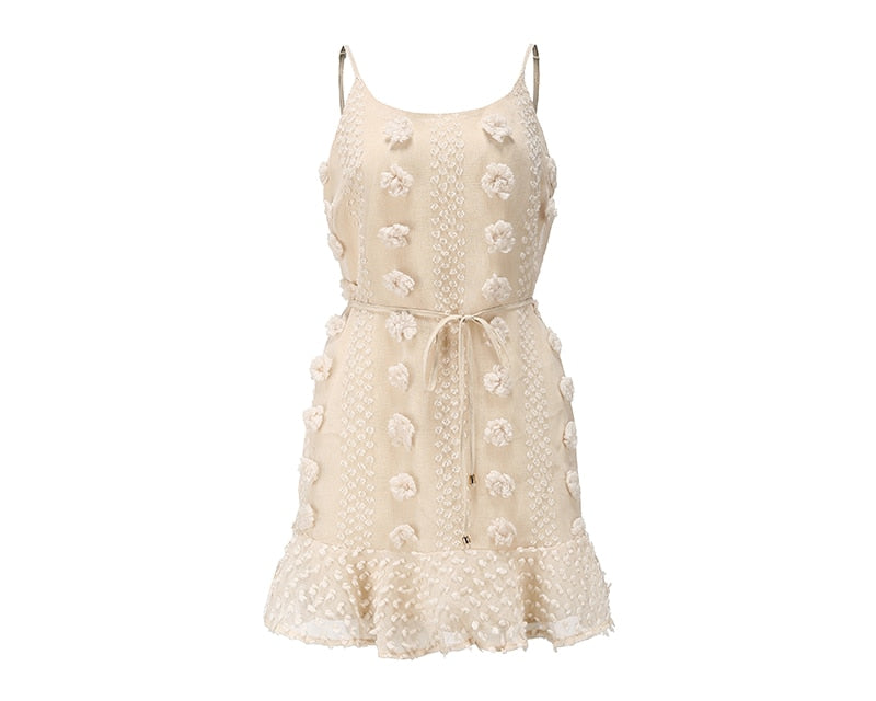 Spaghetti Strap Ruffle Summer Boho Beige Backless Lined Party Beach Sundress Elegant Dress The Clothing Company Sydney