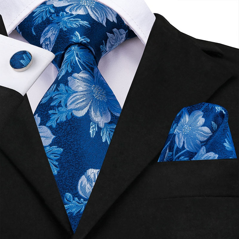 3 Piece 8.5cm Silk Men Floral Red Blue Neckties Classic Party Wedding Pocket Square Cufflinks Luxury Tie Set The Clothing Company Sydney
