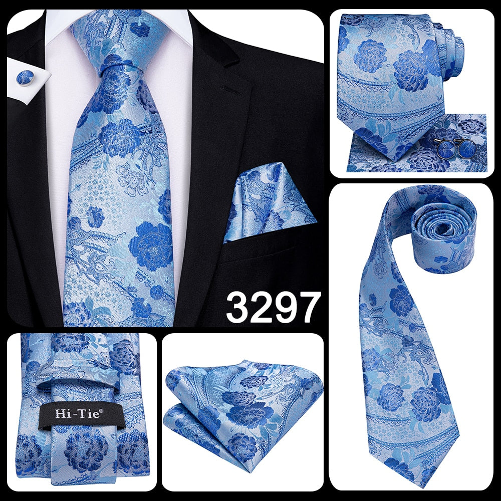 3 Piece 8.5cm Silk Men Floral Red Blue Neckties Classic Party Wedding Pocket Square Cufflinks Luxury Tie Set The Clothing Company Sydney