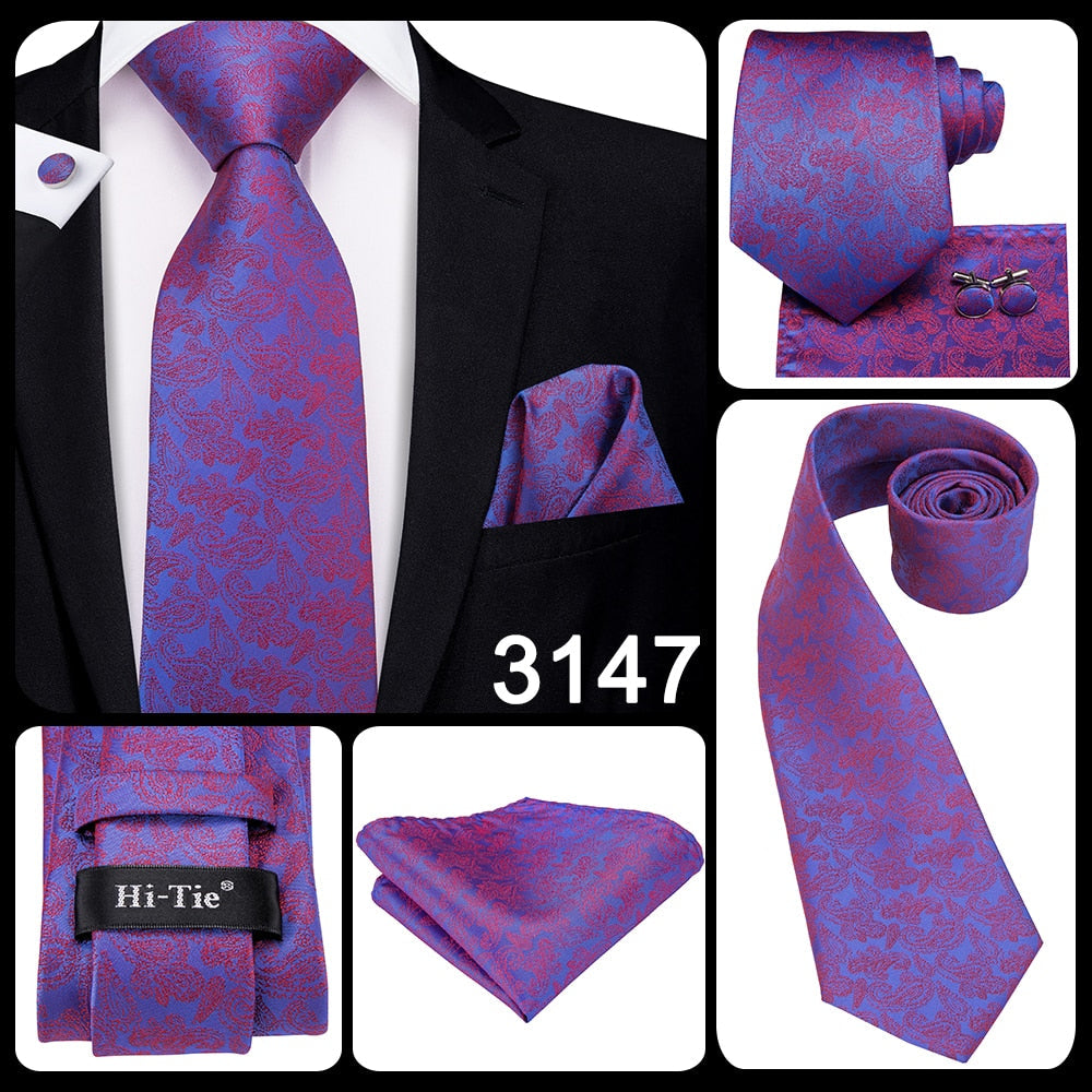 3 Piece 8.5cm Silk Men Floral Red Blue Neckties Classic Party Wedding Pocket Square Cufflinks Luxury Tie Set The Clothing Company Sydney