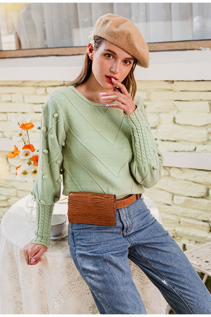Elegant fur pompon sweater Autumn winter lantern sleeve knitted sweater Streetwear ladies green pullover Jumper The Clothing Company Sydney