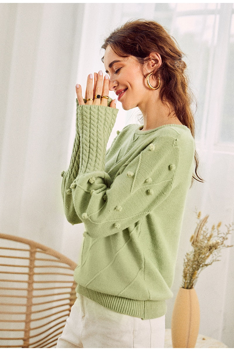 Elegant fur pompon sweater Autumn winter lantern sleeve knitted sweater Streetwear ladies green pullover Jumper The Clothing Company Sydney