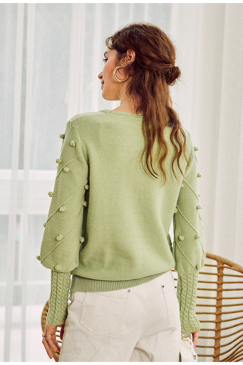 Elegant fur pompon sweater Autumn winter lantern sleeve knitted sweater Streetwear ladies green pullover Jumper The Clothing Company Sydney