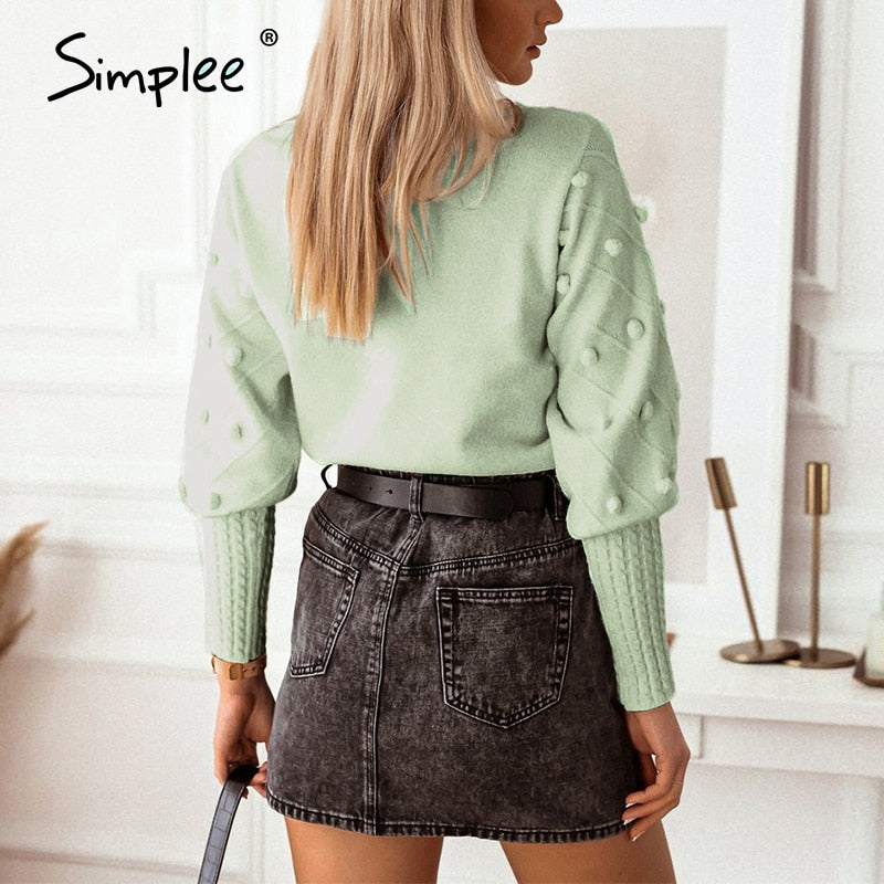 Elegant fur pompon sweater Autumn winter lantern sleeve knitted sweater Streetwear ladies green pullover Jumper The Clothing Company Sydney