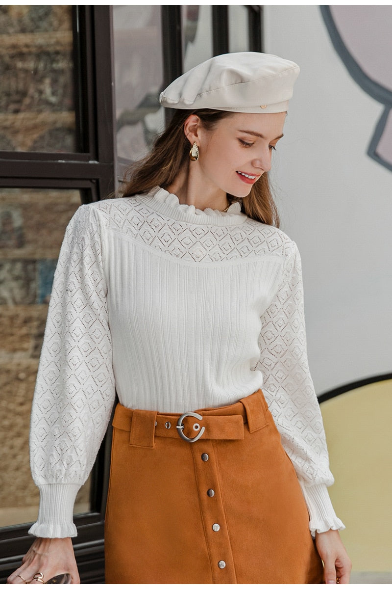 Elegant fur pompon sweater Autumn winter lantern sleeve knitted sweater Streetwear ladies green pullover Jumper The Clothing Company Sydney