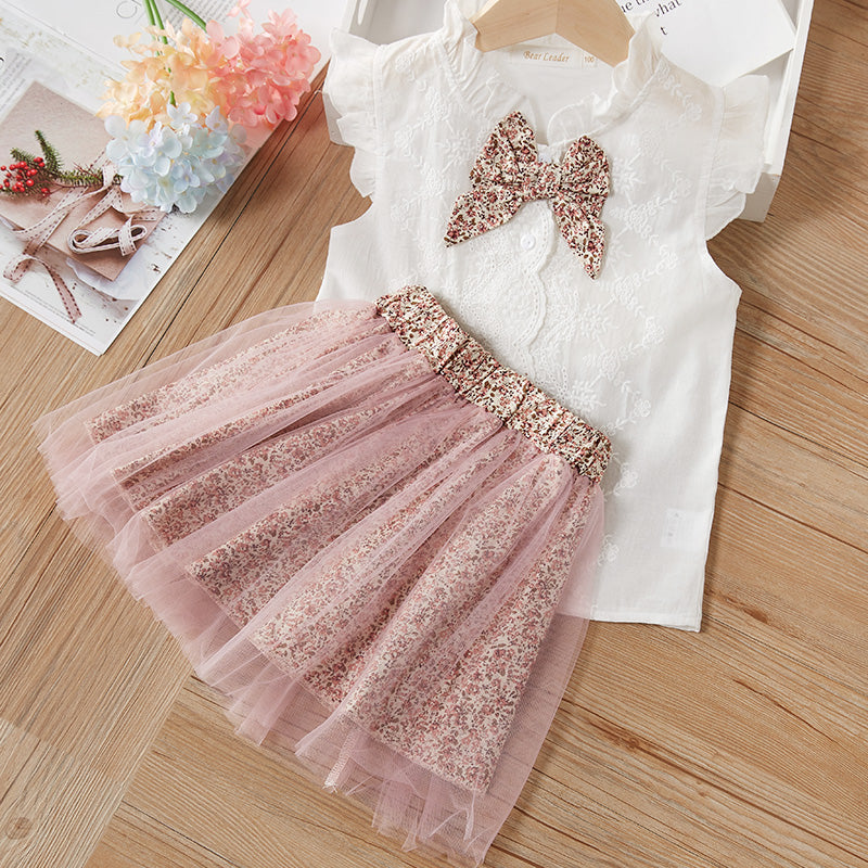 2 Piece Girls Clothing Sets New Summer Sleeveless T-shirt+Print Bow Skirt Shorts for Kids Clothing Sets Outfit The Clothing Company Sydney