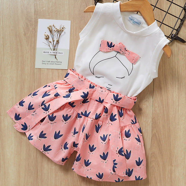 2 Piece Girls Clothing Sets New Summer Sleeveless T-shirt+Print Bow Skirt Shorts for Kids Clothing Sets Outfit The Clothing Company Sydney