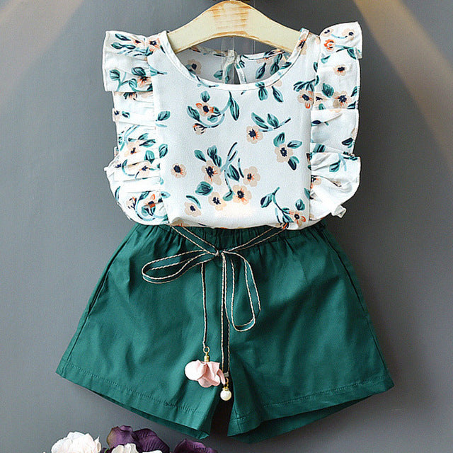 2 Piece Girls Clothing Sets New Summer Sleeveless T-shirt+Print Bow Skirt Shorts for Kids Clothing Sets Outfit The Clothing Company Sydney