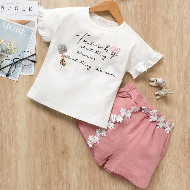 2 Piece Girls Clothing Sets New Summer Sleeveless T-shirt+Print Bow Skirt Shorts for Kids Clothing Sets Outfit The Clothing Company Sydney