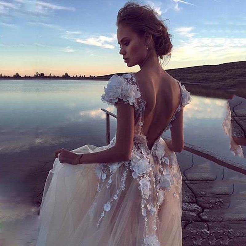 Champagne Boho Backless Princess Bridal Lace Appliques 3D Flowers Beach Wedding Dressd The Clothing Company Sydney