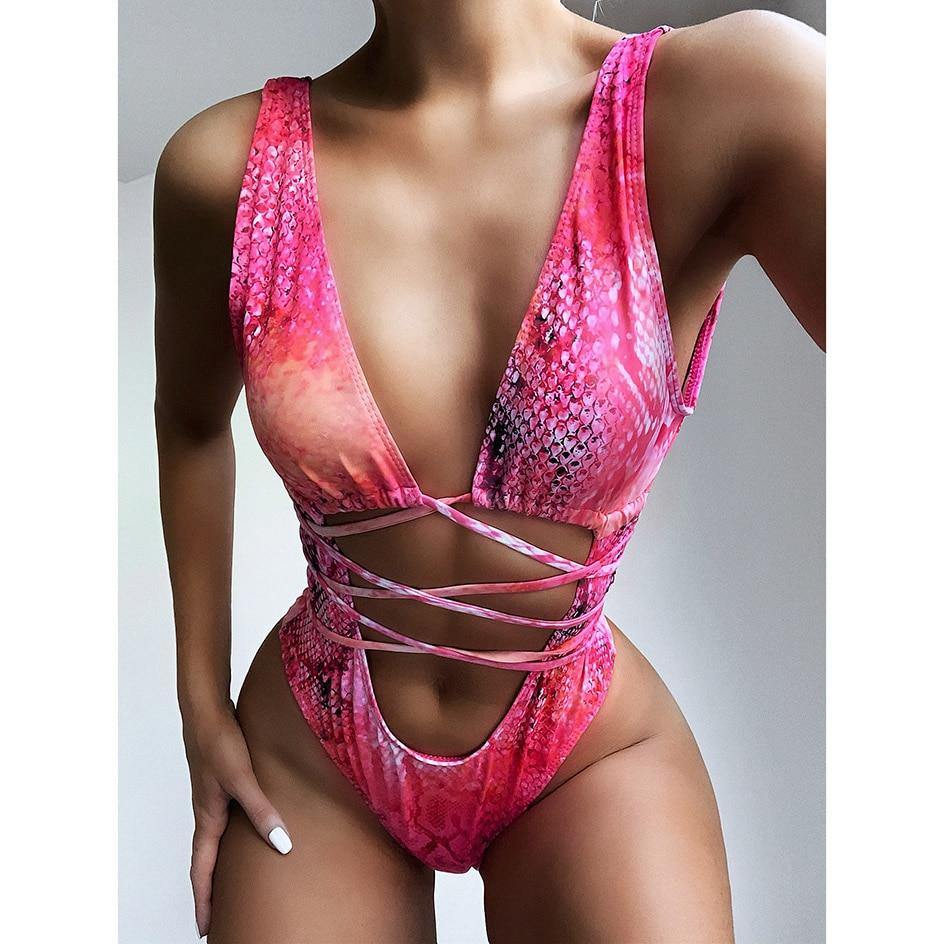 Snake Print Swimsuit One Piece Swimwear Leopard Bathing Suit Woman Bandage Swimming Wear Monokini The Clothing Company Sydney