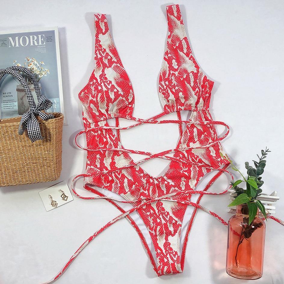 Snake Print Swimsuit One Piece Swimwear Leopard Bathing Suit Woman Bandage Swimming Wear Monokini The Clothing Company Sydney