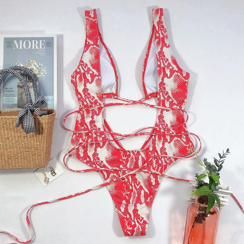 Snake Print Swimsuit One Piece Swimwear Leopard Bathing Suit Woman Bandage Swimming Wear Monokini The Clothing Company Sydney