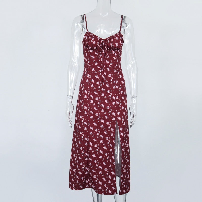 Wine Floral Dress Women Prairie Chic Spaghetti Strap Backless Chest Draped Lace Up Side Split Sexy Long Dress The Clothing Company Sydney