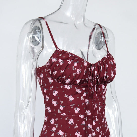 Wine Floral Dress Women Prairie Chic Spaghetti Strap Backless Chest Draped Lace Up Side Split Sexy Long Dress The Clothing Company Sydney