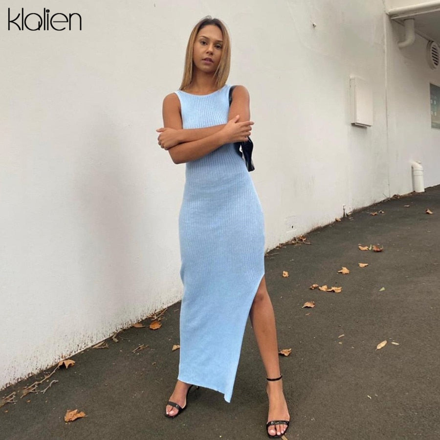 Backless fashion simple black rib knitting maxi streetwear casual Dress The Clothing Company Sydney