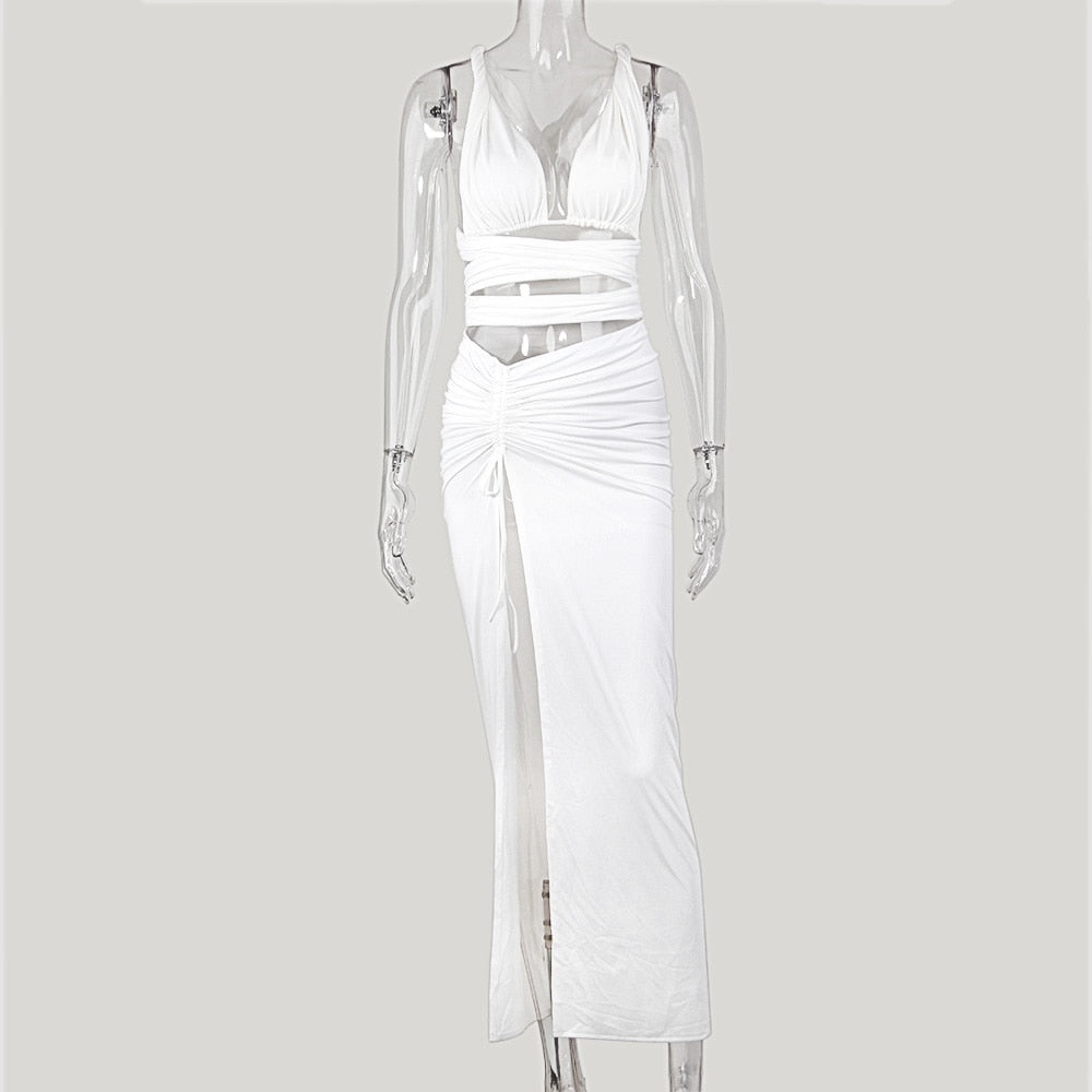 Strappy Cross Crop Top and Maxi Skirt Two Piece Cut Out White Irregular Club Wear Women 2 Piece Outfit Set The Clothing Company Sydney